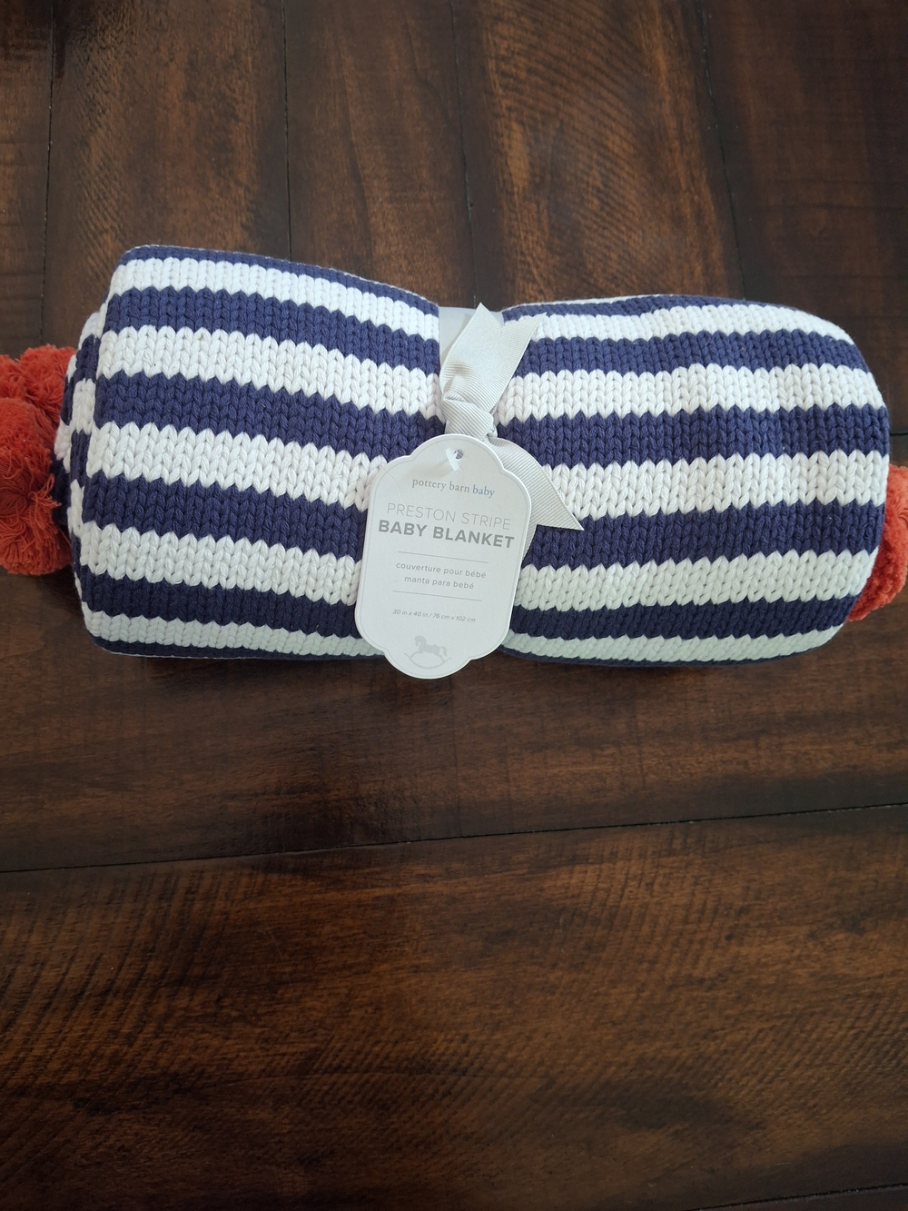 Pottery Barn Kids Preston Stripe Baby Blanket - Navy and White with Orange Pom